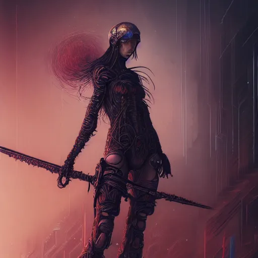 Image similar to a highly detailed long shot photo of cyberpunk female character by ayami kojima, elf, beksinski, giger, elf, wielding scythe, intricate, digital painting, artstation, concept art, smooth, sharp focus, full body