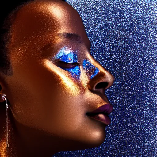 Image similar to portrait of metallic face, african woman, mercury, mirror reflections, smooth, liquid metal, proud, looking away, outdoor, blue sky, 8 k, realistic, depth of field, award winning photography