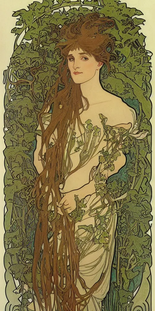 Prompt: alphonse mucha portrait of a forest elemental, art nouveau, nature tones, colored pencil drawing