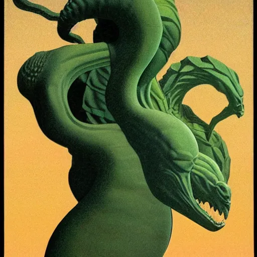 Prompt: hydra, highly detailed, artstation, in the style of moebius, art by rene magritte and jean delville