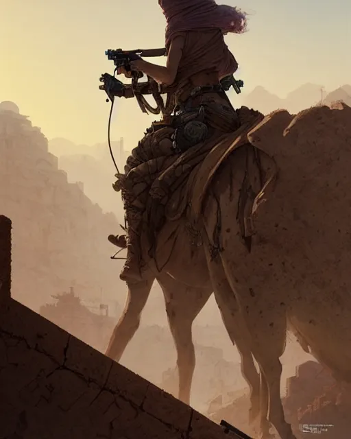 Image similar to female desert stalker, lonely rider, covered head, post - apocalyptic ruins | | realistic shaded, fine details, realistic shaded lighting poster by greg rutkowski, diego gisbert llorens, magali villeneuve, artgerm, jeremy lipkin and rob rey