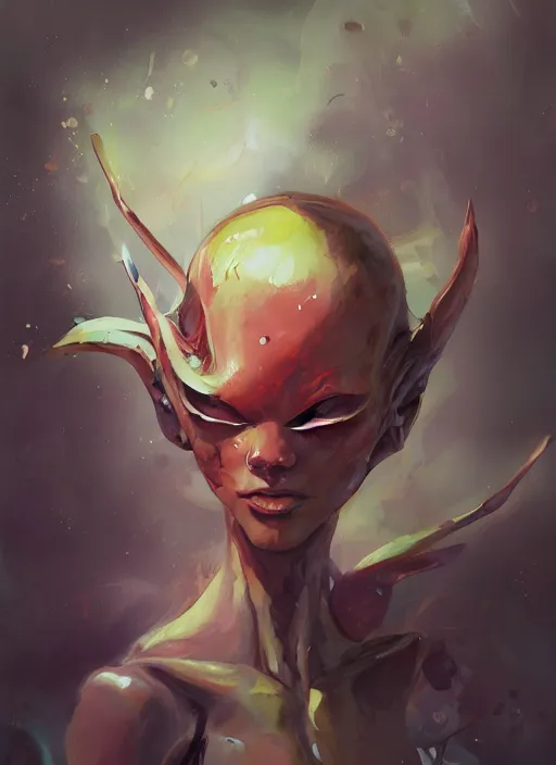 Image similar to semi reallistic gouache gesture painting, by yoshitaka amano, by ruan jia, by conrad roset, by dofus online artists, detailed anime 3 d render of an alien star fruit, portrait, cgsociety, artstation, rococo mechanical, digital reality, sf 5 ink style, dieselpunk atmosphere, gesture drawn