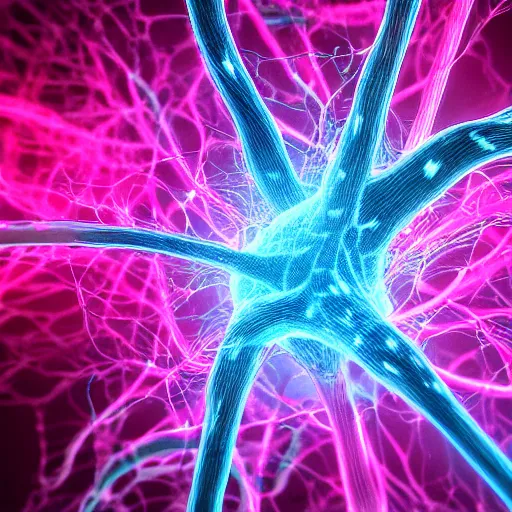 Prompt: neurons firing in the brain visualized with pink and blue, detailed, render, unreal engine, anti aliased, high definition, 8k, ultra realism