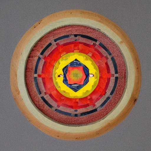 Image similar to a circular piece of wood with a pattern of red yellow and grey - blue eye shapes, radial symmetry, intricate, highly detailed