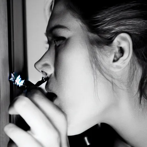 Image similar to Live Action Still of Jerma985 in a film of a beautiful model woman smoking a cigarette by the window, black and white, hyperrealistic, ultra realistic, realistic, highly detailed, epic, HD quality, 8k resolution, body and headshot, film still