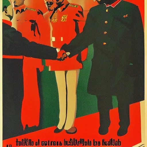 Image similar to a majestic soviet propaganda poster of stalin shaking hands with kanye west