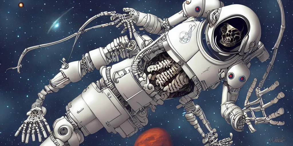 Image similar to a cyborg skeleton astronaut floating in a space shuttle by Mark Brooks, highly detailed, trending on artstation