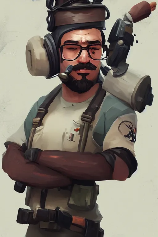 Image similar to beautiful highly detailed realistic character portrait team fortress 2 engineer, detailed character art by ismail inceoglu, trending on artstation