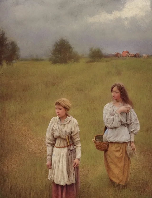 Prompt: peasant girl on a farm with cows, portrait, cottage core, cinematic focus, polaroid photo bleached vintage pastel colors high - key lighting, soft lights, foggy, by steve hanks, by lisa yuskavage, by serov valentin, by tarkovsky, 8 k render, detailed, oil on canvas