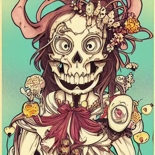 Image similar to anime manga skull portrait girl female skeleton illustration ren stimpy looneytoons art Geof Darrow and cuphead alphonse mucha pop art nouveau