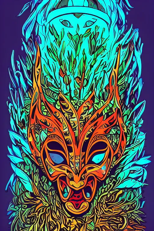 Image similar to animal mask totem roots flower tribal feather gemstone plant wood rock shaman vodoo video game vector cutout illustration vivid multicolor borderlands comics by josan gonzales and dan mumford radiating a glowing aura