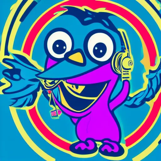 Image similar to svg vector sticker of absolutely insane-big-bird-sesame-street, rocking out, wearing headphones, huge speakers, dancing, rave, DJ, spinning records, digital art, amazing composition, rule-of-thirds, award-winning, trending on artstation, featured on deviantart