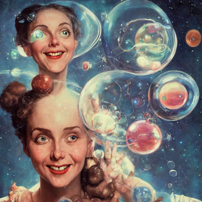 Image similar to close - up portrait painting of a beautiful alien woman smiling with big eyes in space, by norman rockwell. floating hair. glowing bubbles. muted colors, soft gradients. dark background. trending on artstation. retrofuturism.