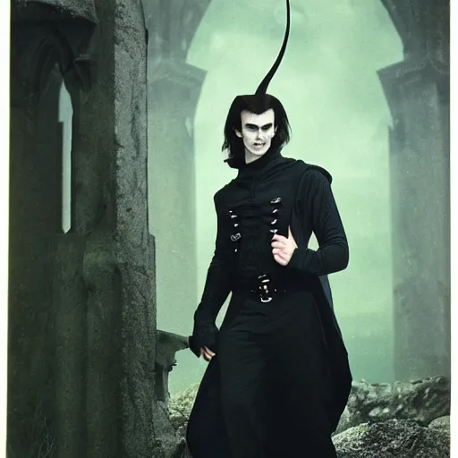 Image similar to head and shoulders vogue fashion photo portrait of a male vampire, d & d, fantasy, medieval castle, year 1 1 8 9, annie liebovitz