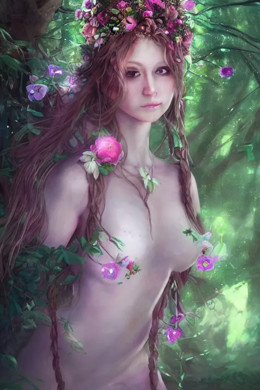 Image similar to portrait of a magical nymph druid in the forest wearing a magical flower dress, full body shot, highly detailed dramatic lighting fantasy artstation artgerm