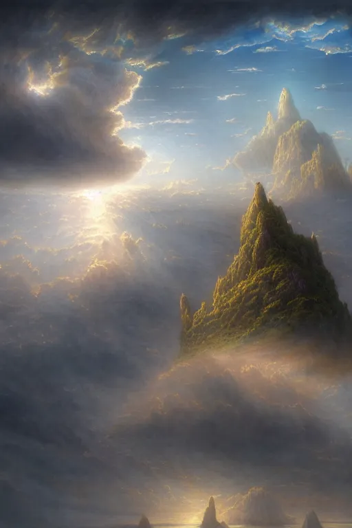 Prompt: a beautiful hyper realistic detailed matte painting of an island floating in the sky, flying castle tower, vivid color hues, looks like creativity by john howe, greg rutkowski, gustave dore, ferdinand knab, lush sky above a desolate apocalyptic plain, barometric projection, rectilinear, octane render, ellen jewett, beautiful surreal palatial pulsar at dawn