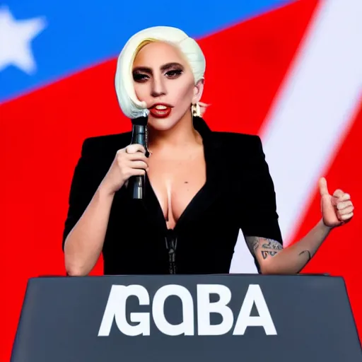 Image similar to Lady Gaga as president, Argentina presidential rally, Argentine flags behind, bokeh, giving a speech, detailed face, Argentina