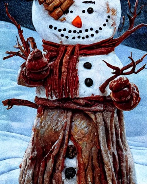 Image similar to snowman made of meat, horror art by bernie wrightson, artstation, still from horror movie, full body