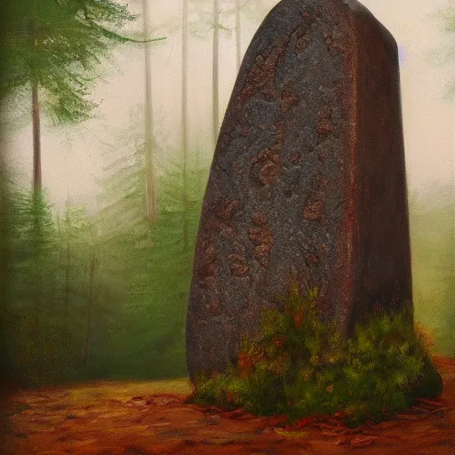 Image similar to runestone, monument, megalithic, oil painting, nature, trees, forest