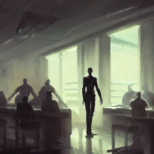 Image similar to concept art by greg rutkowski, a very tall, and slender man with short black hair, sitting with the crew in the ship's dining room, brutalist futuristic interior, dark lighting atmosphere, detailed portraits, nostalgic atmosphere, scifi, digital painting, artstation, concept art, smooth, sharp foccus ilustration, artstation hq