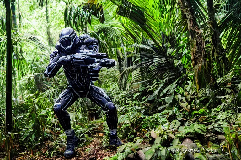 Image similar to Crysis Nanosuit shooting at enemies in a jungle combat photography 2022, Canon EOS R3, f/1.4, ISO 200, 1/160s, 8K, RAW, unedited, symmetrical balance, in-frame,