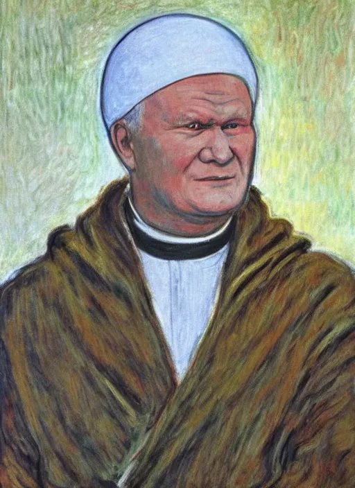 Image similar to portrait of john paul ii wearing piccolo's white turban from dragon ball z by claude monet