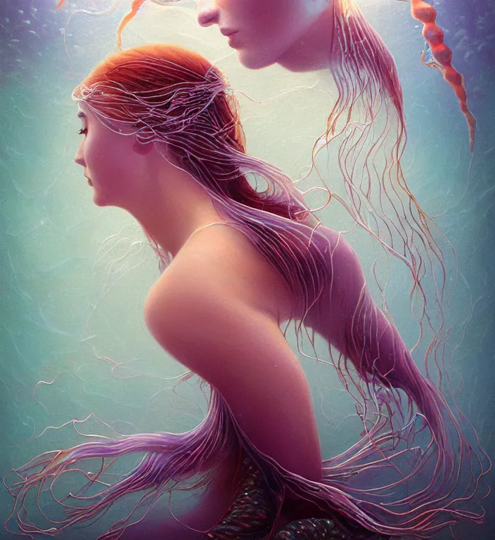 Image similar to underwater portrait of a goddess mermaid with (reaction diffusion) scaled fish skin Bioluminescent phoenix jellyfish, Her breath shot a haze of steam out into the frosty morning air concept, soft light, soft mood, realistic body features and face, illustration,intricate ornament halo, painting oil on canvas by Elena Zhurikhina and Goro Fujita and Charlie Bowater, octane render trending on artstation, 4k, 8k, HD