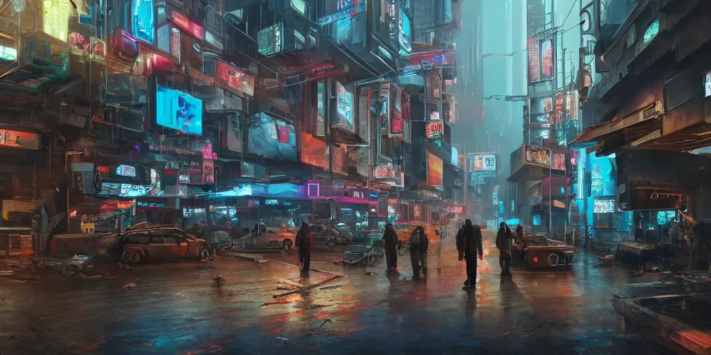 Image similar to a cyberpunk bank heist, background scene from the old city of babylon, concept art, ultra realistic, 8 k, painting, highly detailed, sci - ci, neon, rain, guns, firearms, robbery, a police car burning