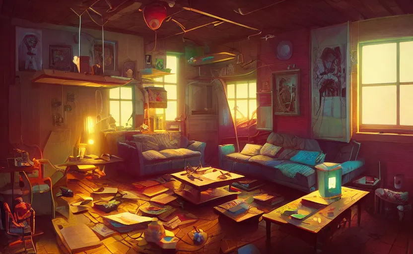 Image similar to Interior shot of a cozy loft by Petros Afshar and Beeple, James Gilleard, Mark Ryden, Wolfgang Lettl highly detailed