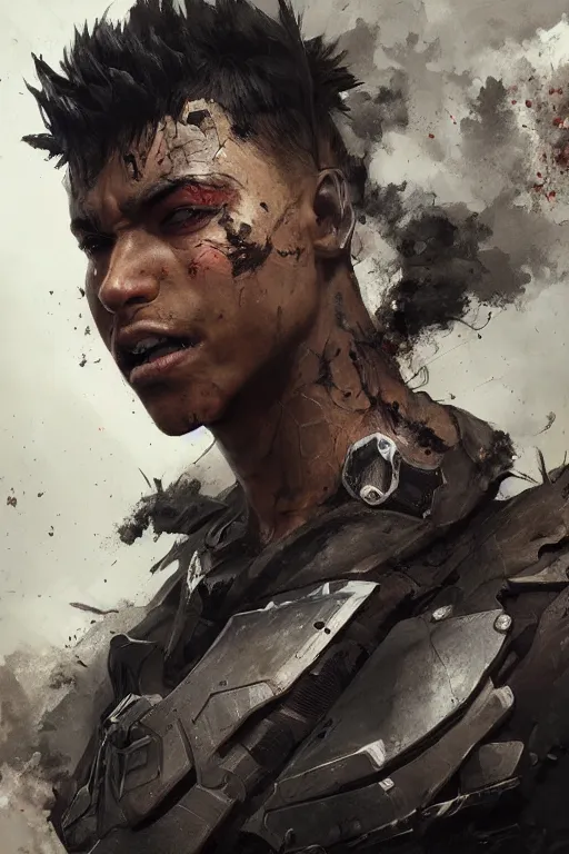 Prompt: hyper realistic painting of a young man wearing a tattered superhero costume. tactical. black. hyper detailed face. anime concept art. 4 k. art by greg rutkowski trending on artstation. extremely detailed.