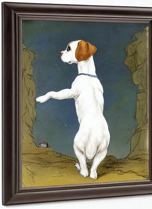 Prompt: candid portrait of jack russel dog looking up, from behind, night sky, highly detailed, side view, illustrated by peggy fortnum and beatrix potter and sir john tenniel