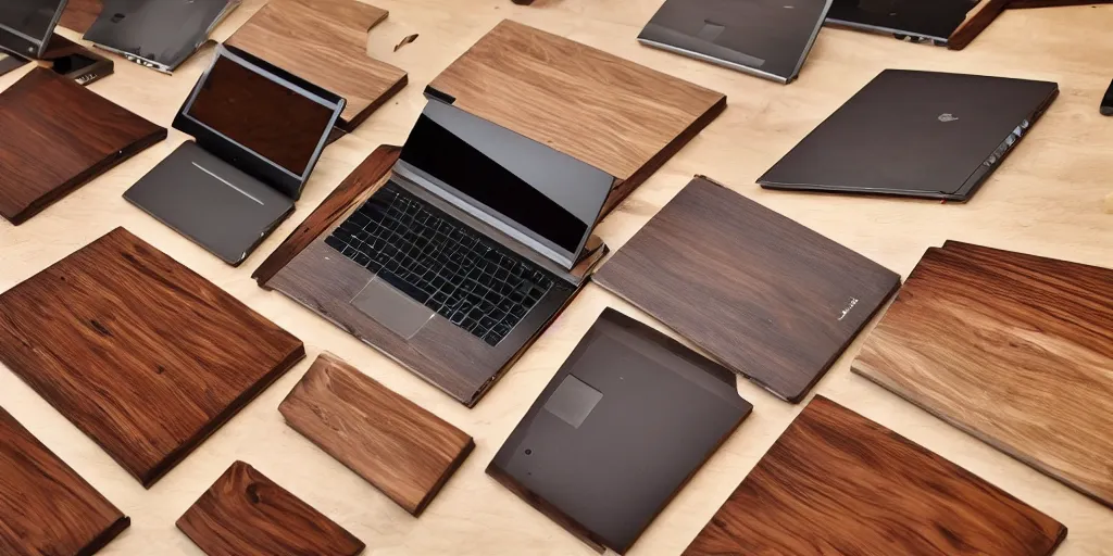 Prompt: a wood masterpiece laptops made in different kind of woods