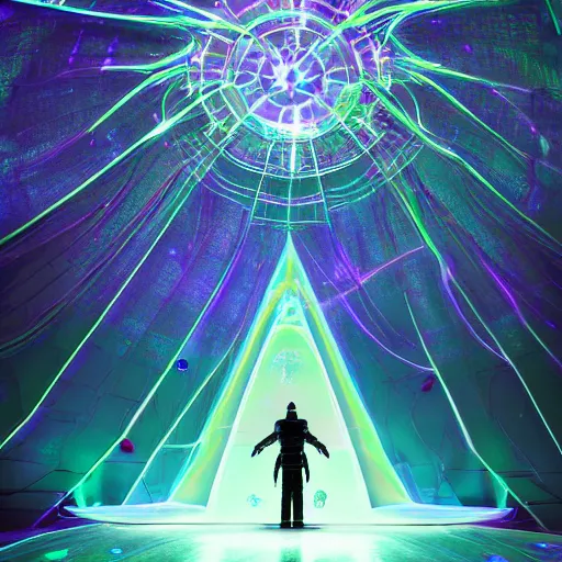 Image similar to A space wizard stand in front of giant, glowing crystal sits in the center of a dark room, Strange symbols line the walls, and a soft light glows from somewhere deep within the room, highly detailed, digital photo, HDRI, by christopher bretz and kael ngu, vivid colors, high contrast, 8k resolution, intricate, photorealistic, smooth, psychedelic color scheme, concept art, award winning, behance contest winner