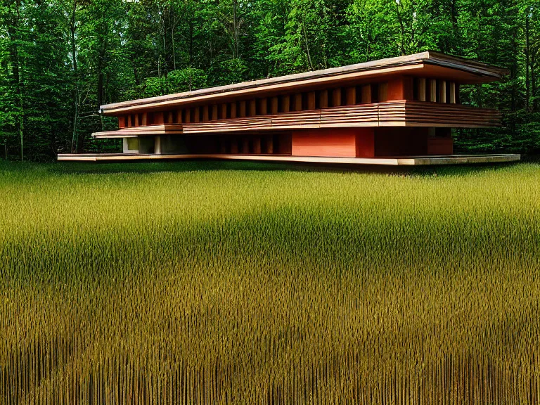 Image similar to hyperrealism design by frank lloyd wright and kenzo tange photography of beautiful detailed small house with many details around the forest in small detailed ukrainian village depicted by taras shevchenko and wes anderson and caravaggio, wheat field behind the house, volumetric natural light