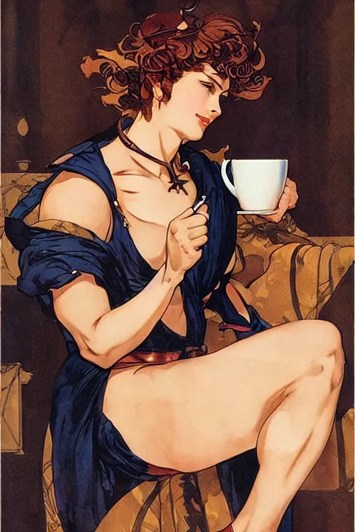 Prompt: attractive hercules played as a woman drinking coffee, painting by j. c. leyendecker, yoji shinkawa, katayama bokuyo