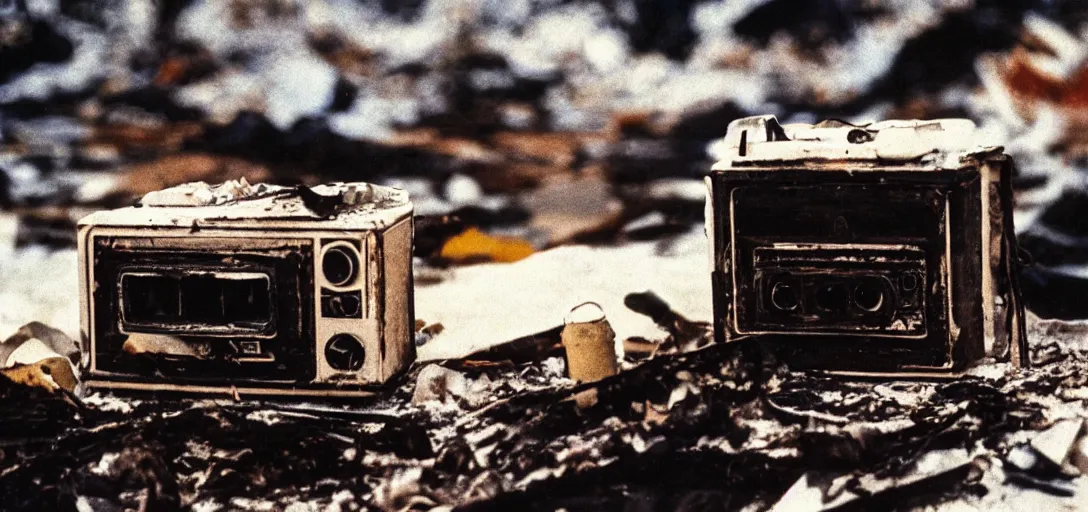 Prompt: a night time dimly lit dslr hd depth of field film 35mm color photograph of a 1982 Portable Cassette Recorder partly melted and burnt with smoke rising behind it, sitting among the rubble of a completely burned down structure in the snow in Antarctica