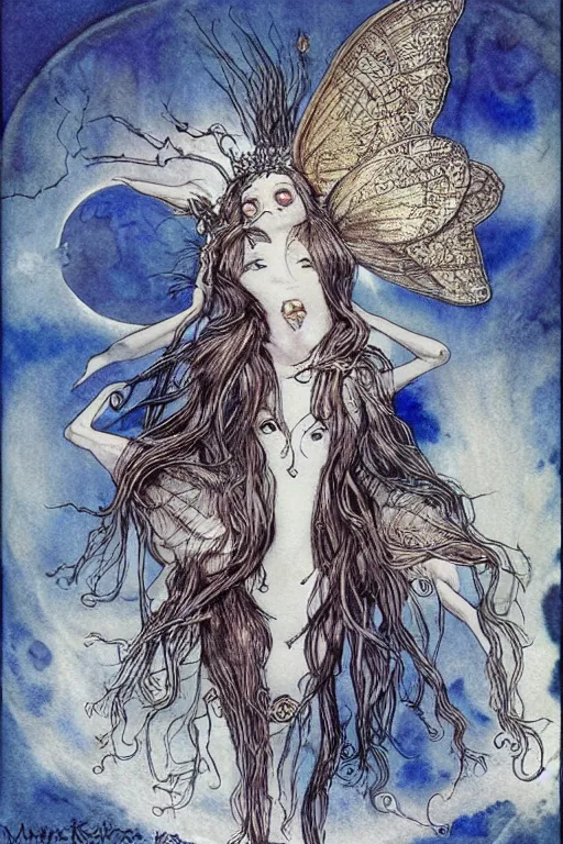 Prompt: moth princess woman howling at the moon with wild hair, art by luis royo and walter crane and kay nielsen, watercolor illustration,