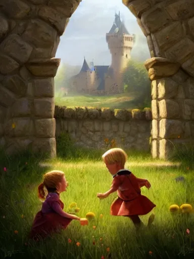 Image similar to children playing inside a meadow in the castle walls. intricate, elegant, highly detailed, digital painting, artstation, concept art, sharp focus, illustration, by justin gerard and artgerm, 8 k