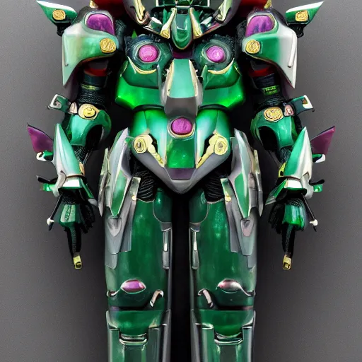 Prompt: futuristic jade mecha, jade gundam, carved jade mechanical exoskeleton wearing hardsurface armour, inlaid with gold, jade rococo, wings lace wear, sculpted by spider zero, zaha hadid, trending on artstation, beautifully lit, hyper detailed, insane details, intricate