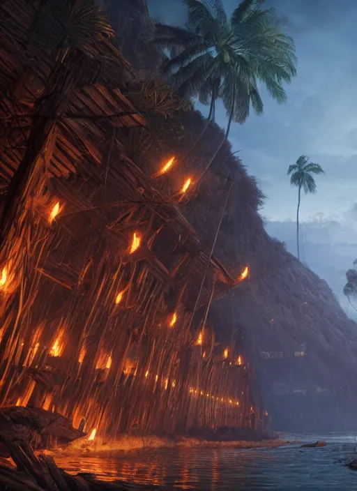 Image similar to wooden palisade wall lit by torches on a tropical island, intricate Details, raphael lacoste, eddie mendoza, alex ross, concept art, matte painting, highly detailed, rule of thirds, dynamic lighting, cinematic, detailed, denoised, centerd, clean render