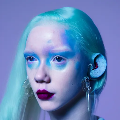 Image similar to a close - up risograph of cyberpunk albinism model girl wearing lots of transparent and cellophane accessories, light blue colors, huge earrings and queer make up, blue hour, oversaturated, hue - shifted, twilight, cool, portrait, crispy, full - shot, blue sky, kodachrome, photo by mayumi hosokura