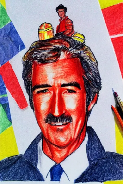 Image similar to a felt tip drawing of randy mantooth as a fire fighter by a child, bright colours, detailed