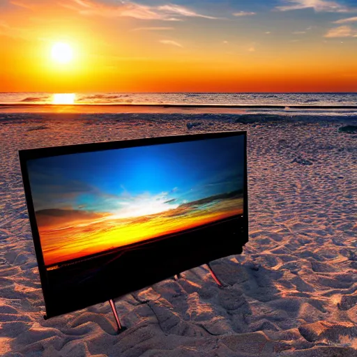 Image similar to desktop gaming pc on the beach near the sea, sunset, cinematic view, 8k, beautiful