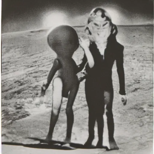 Image similar to polaroid photograph of horrorific extraterrestrial beings visiting earth, 1 9 5 0