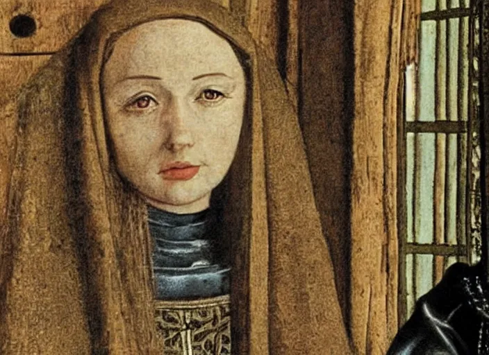 Image similar to scene from a 2 0 1 0 film set in 1 4 5 0 showing a portrait of an android