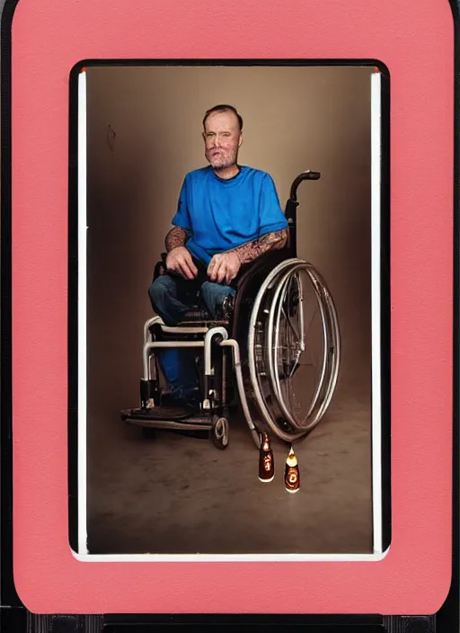 Prompt: detailed color analog medium format photo, polaroid closeup portrait of person in trailerpark with beer in wheelchair, weird americana, rim light, shot at night with studio lights, high production value, intricate details, 8 k resolution, hyperrealistic, hdr, photorealistic, high definition, tehnicolor, award - winning photography, masterpiece, amazing colors,