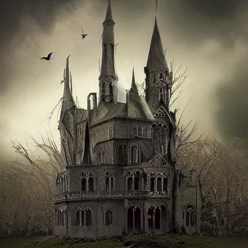 Prompt: a beautiful dark! gothic!! matte painting!!! of a twirling!!!! twisted haunted house, blood, ghosts
