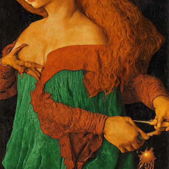 Prompt: a closeup portrait of a horned woman, opening her chest, casting green into a flame, in a heart nebula, heart nebula, golden hour, by jan van eyck