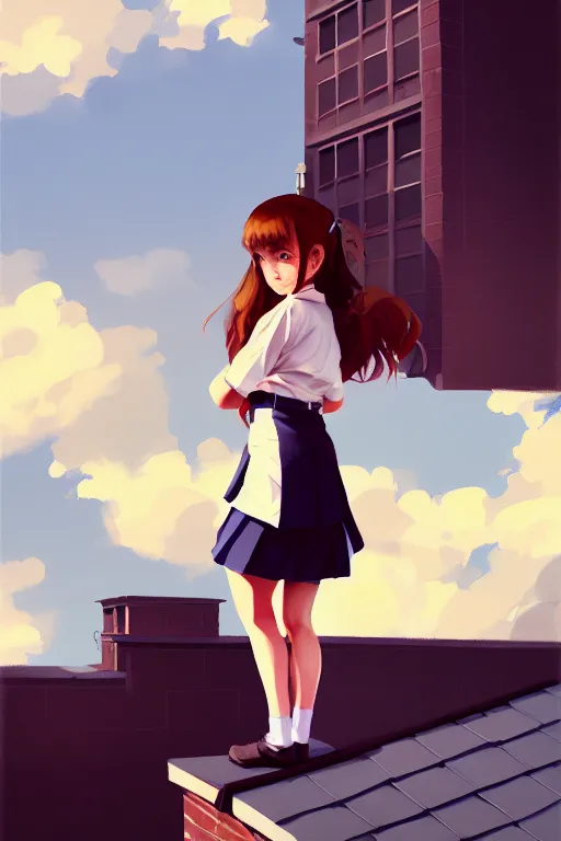 Image similar to gouache of a cute girl wearing school uniform standing on the edge of the roof of a tall building, 8 k wallpaper, strong brush stroke, very high detailed, sharp focus, illustration, morandi color scheme, art station, by krenz cushart