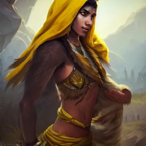 Image similar to portrait of young wild arabian nomad half wolf, with yellow cloths, league of legends splash art, hearthstone splash art, full body shot, rule of thirds, ultrafine hyperrealistic detailed face, artgerm, greg rutkowski, trending on artstation, 8 k, intricately detailed, highly detailed